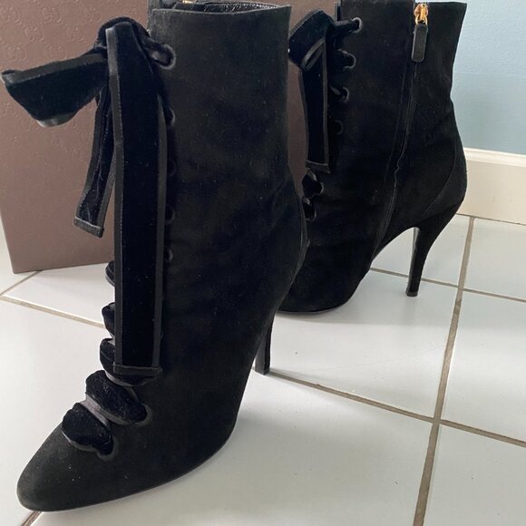 Gucci Black Kid Suede Velvet Lace-up Boots Size 38 - Picture 5 of 11